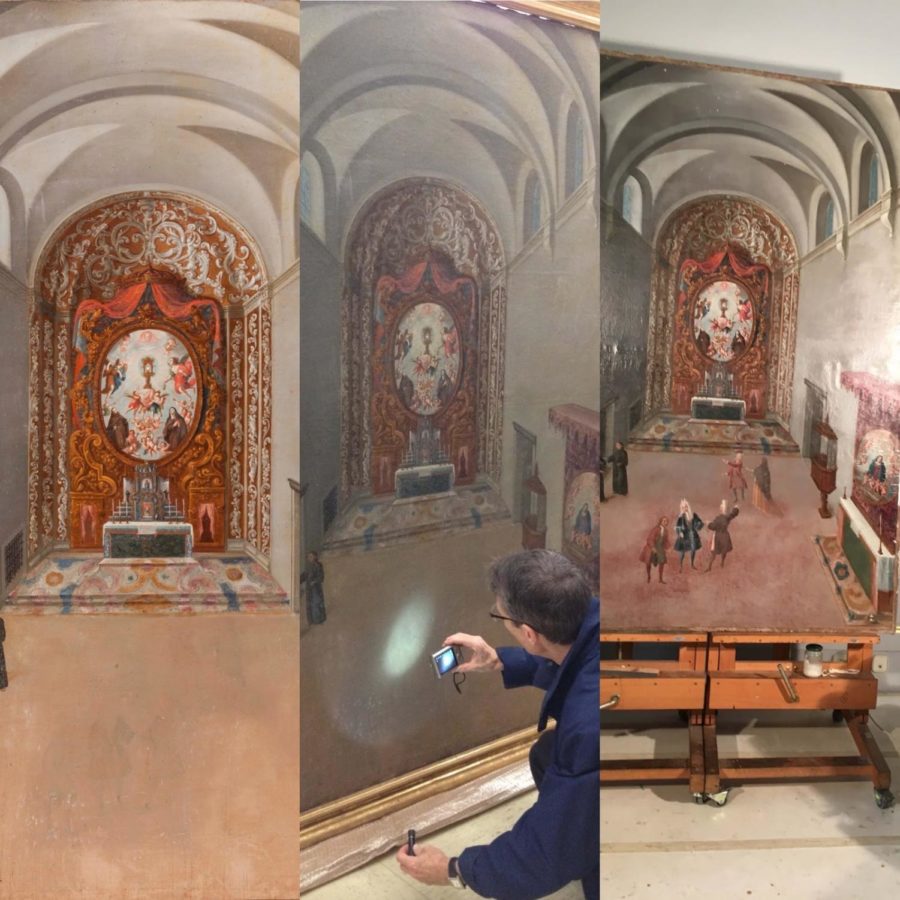 Images+before%2C+during%2C+and+after+the+restoration+of+the+painting+by+Nicol%C3%A1s+Enr%C3%ADque%2C+Interior+of+the+Church+of+Corpus+Christi+and+View+of+Main+Altar.