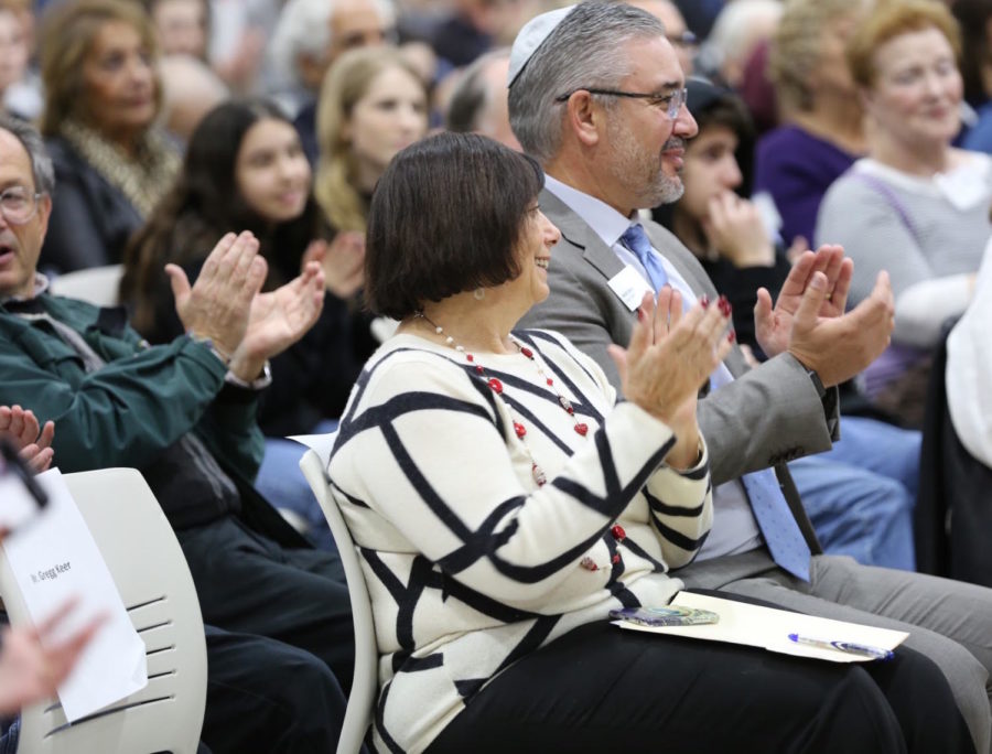 Nulman thanks dTHS Principal Ellen Howard and Head of School Mark Shpall during Generations Day celebrations  February 13.