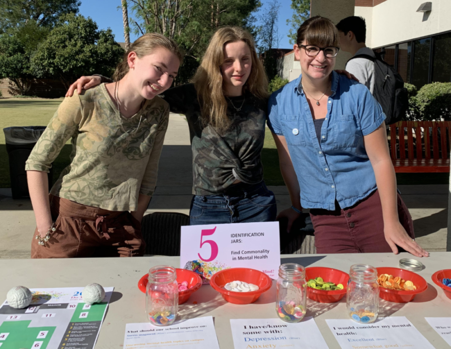 Left to right: Maya S. 20, Sydney G., 20 and deTOP teacher Zoe Fox  help students realize there are mental health problems all around us.
