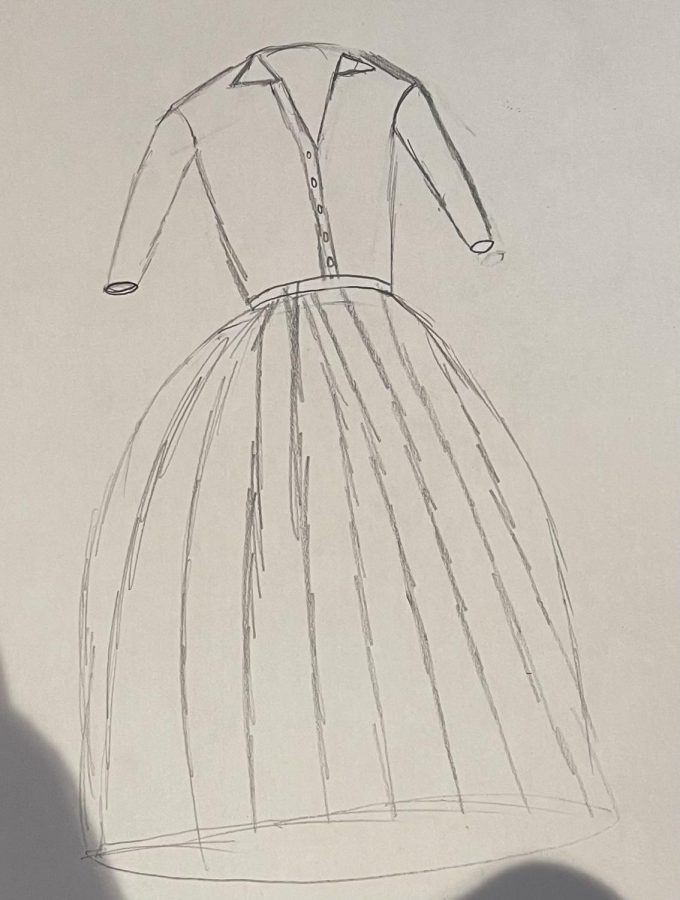 Student artist Lily C. (24) sketches Christian Dior’s “nipped-in waist” and full skirt.