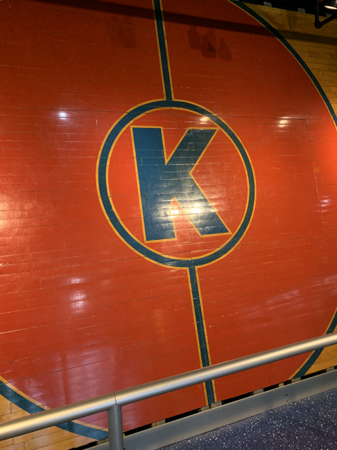 A piece of the old KU court is on display at Allen Fieldhouse.