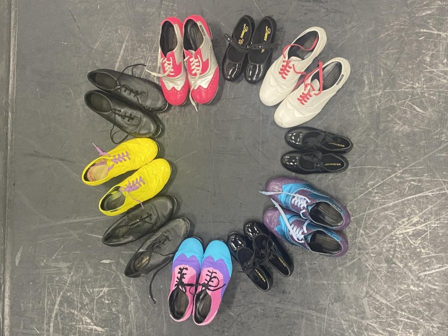 A circle of tap shoes illustrates a dancers journey and growth.