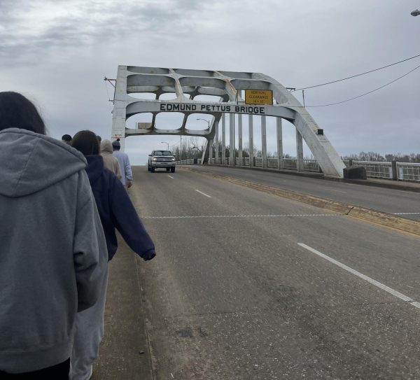 Eleventh grade students cross the Edmund Pettus Bridge where Bloody Sunday took place. Many Black Americans were attacked here in 1965 when they protested for their right to vote and other fundamental freedoms while crossing from Selma to Montgomery, Alabama. 