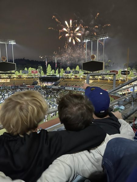 Fans enjoy the fireworks show after a 7-3 Dodger win vs. the Reds at Dodger stadium (May 17, 2024).