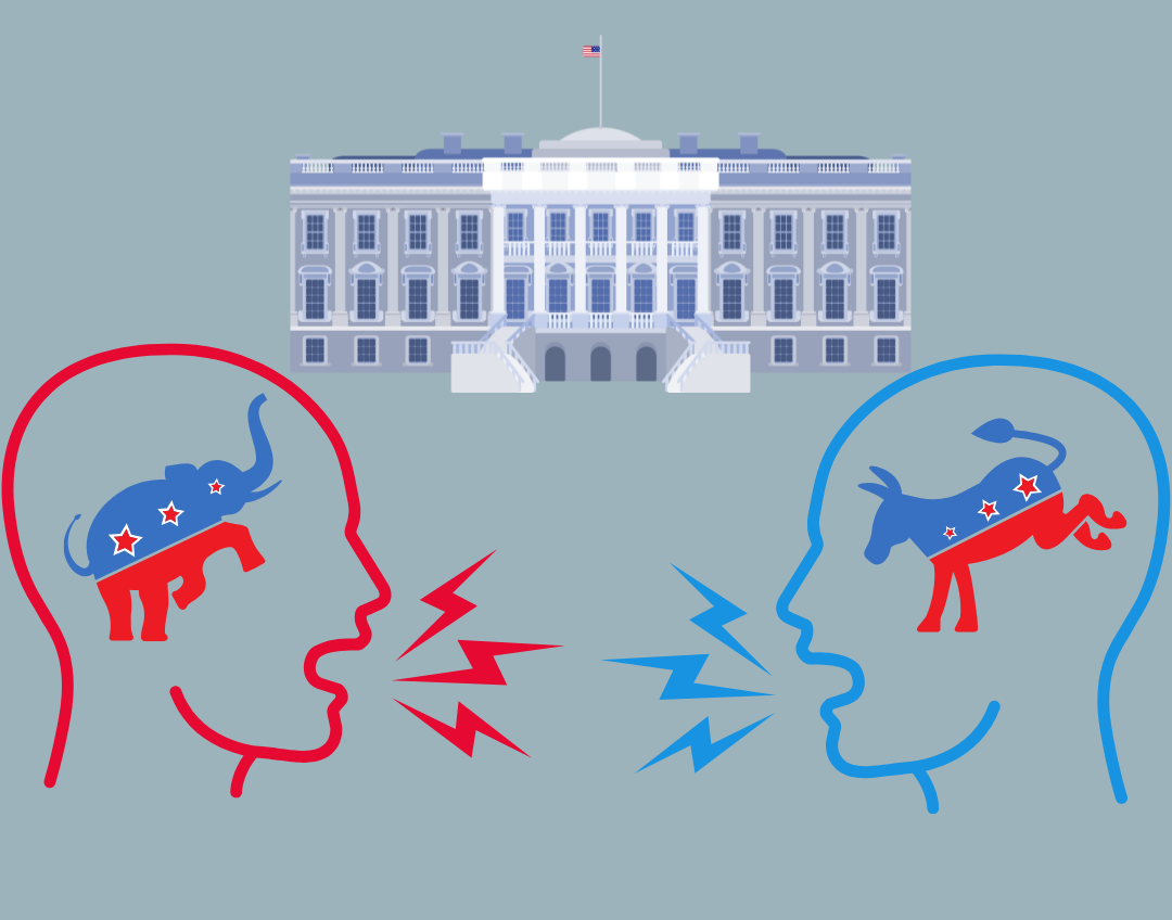 A republican and democrat student argue with each other about politics. Political polarization is ripping apart peer friendships and creating a hostile student community. 