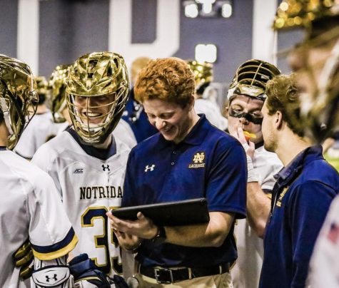Midfielder Max Manyak (center right) was recruited as a sophomore in high school to play lacrosse for the University of Notre Dame.