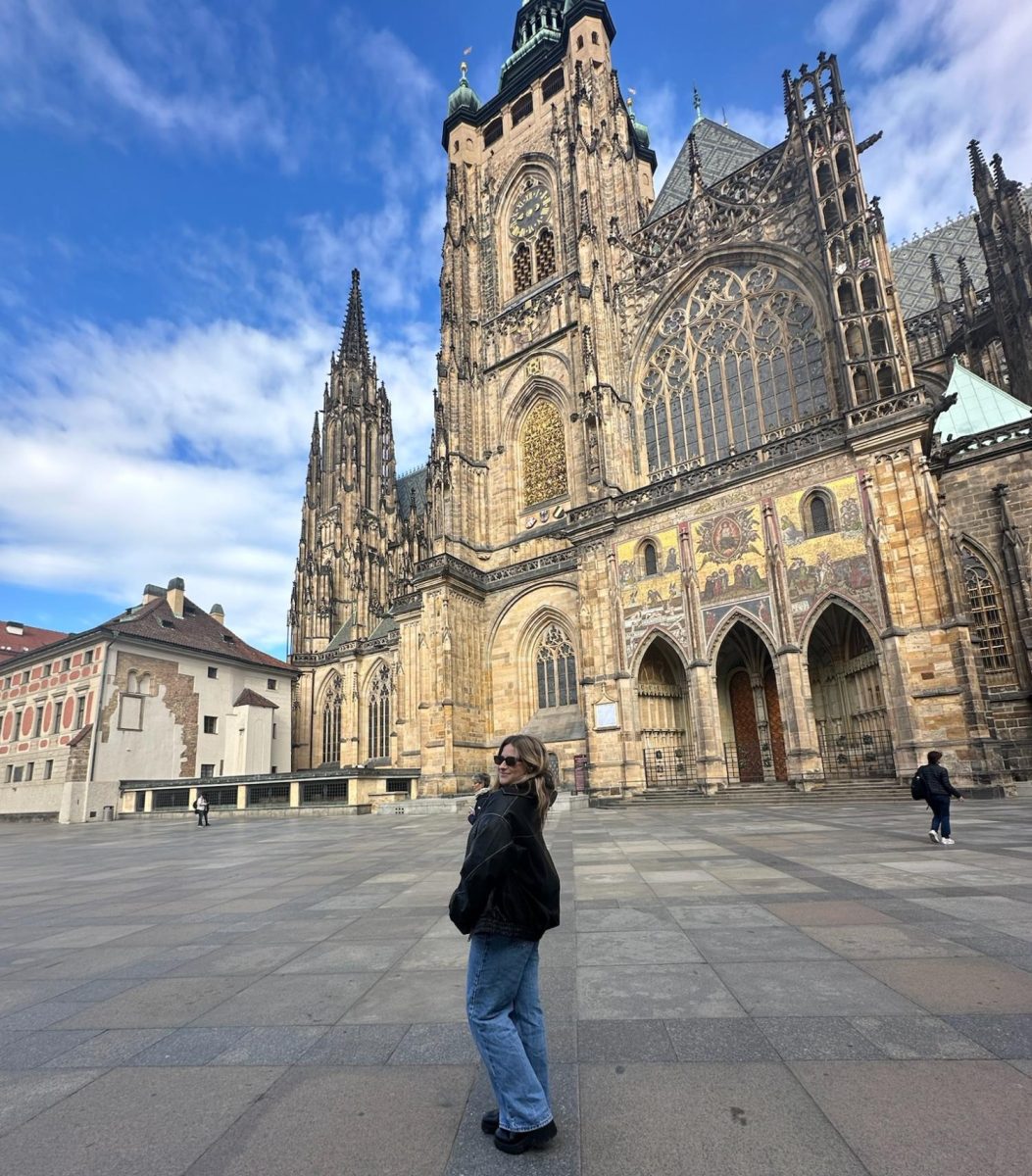 During three days in Prague, students toured the Jewish quarter. Here, Prowler editor Leah Berger  stands in front of the Prague Castle (March 16, 2024).  