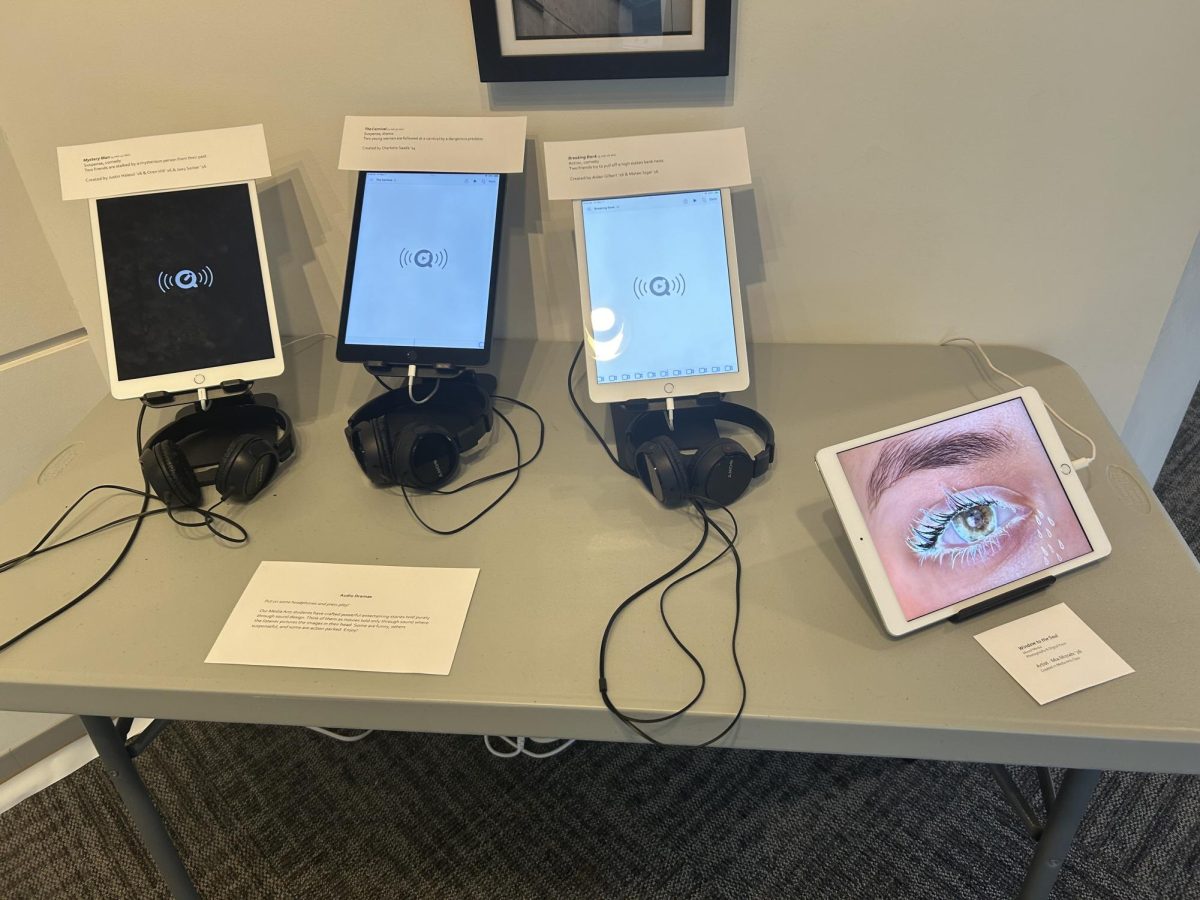A recent Art Gallery exhibit by de Toledo students included audio stories. I personally listened to the story Mystery Man by Justin H. 26, Oren H. 26,  and Joey S. 26. (May 15, 2024).