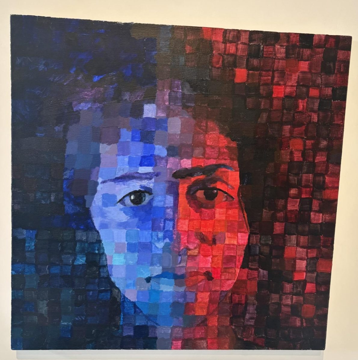 Ariel S. ('26) created a portrait of himself with the illusion of himself being meticulously made out of colored pixels, on display now in the art gallery on the first floor.