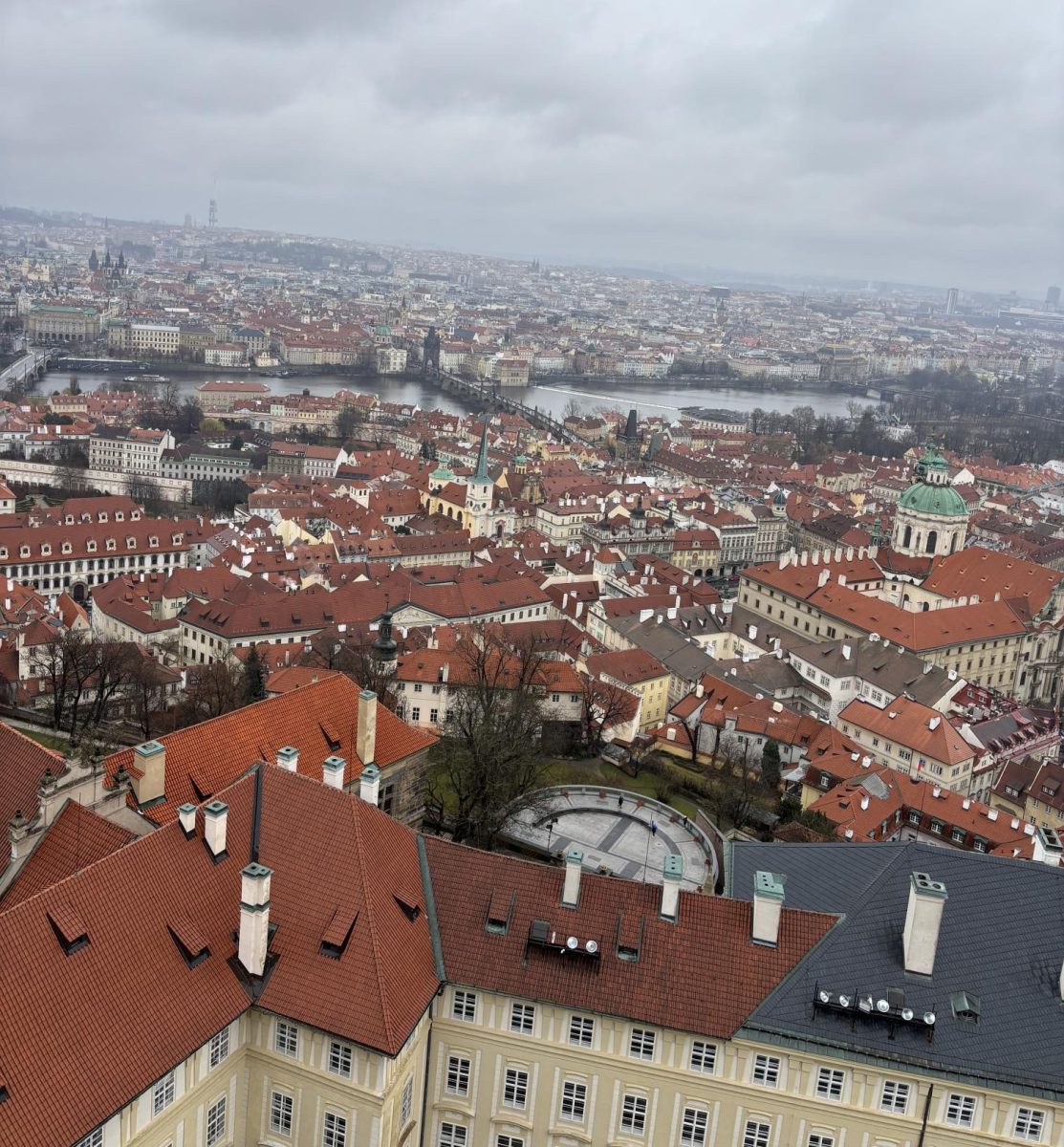 Students in de Toledo's Budapest Exchange Program climb the clock tower in Prague to see the view. 