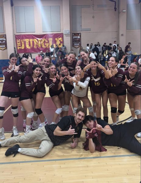 Girls Varsity Volleyball team after major victory against Milken on Senior Night