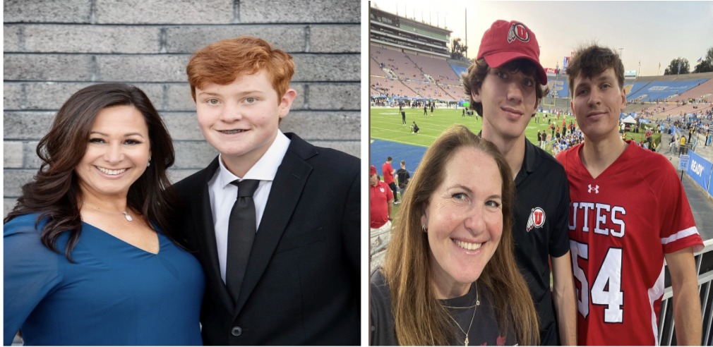 Picture of Karen Rubinstein, and her son ian Rubinstein at a Bar Mitzvah. Picture of Elon and his brother Micah Van Pelt as well as his mom, Kyle Meyerowitz at a baseball game.