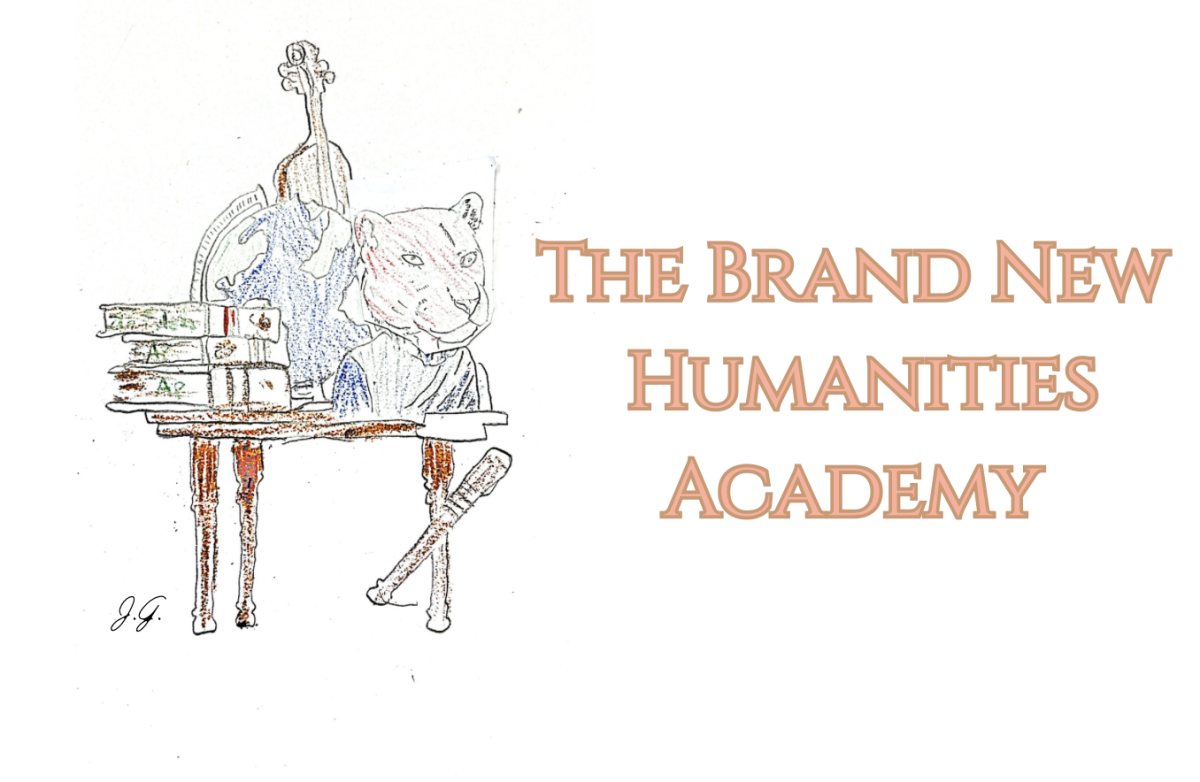 Drawing of humanities related Items and a jaguar's head.